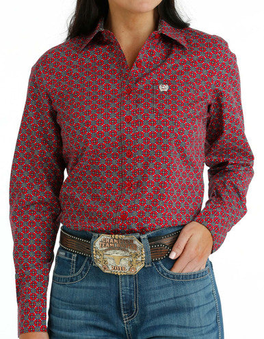 Cinch Women's Long Sleeve Print Button Down Shirt - Red