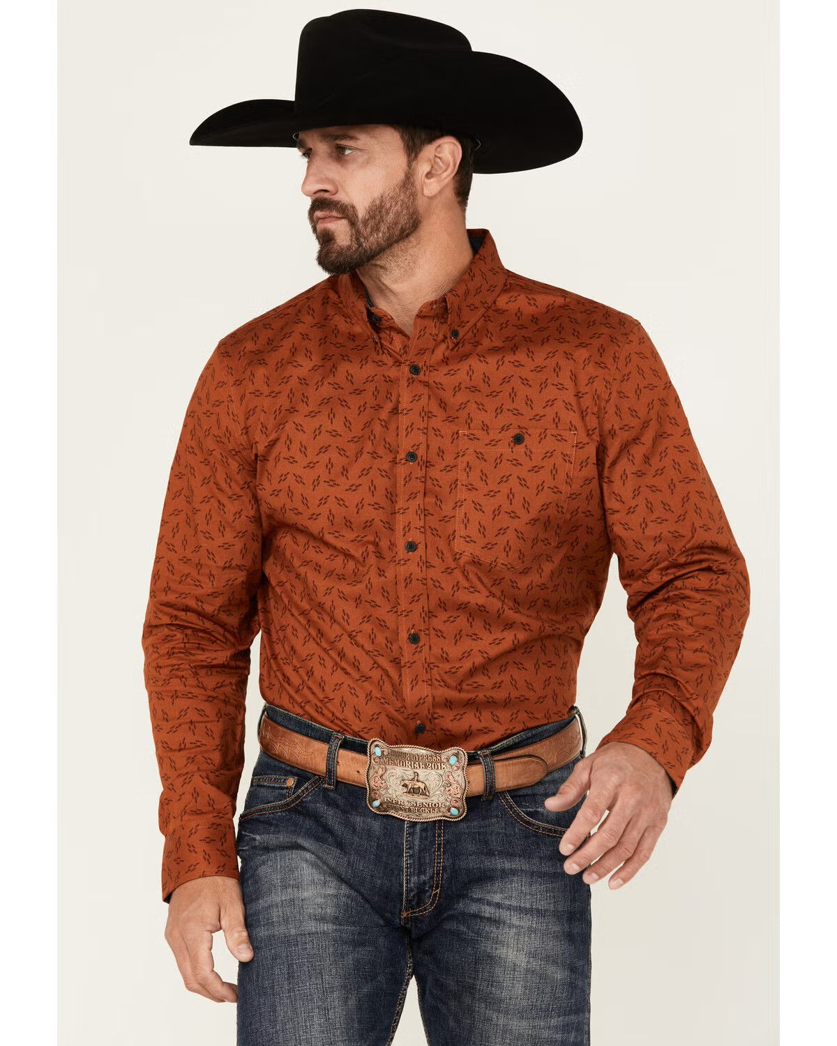 RANK 45® MEN'S ROUGH NECK GEO PRINT LONG SLEEVE BUTTON-DOWN STRETCH WESTERN SHIRT