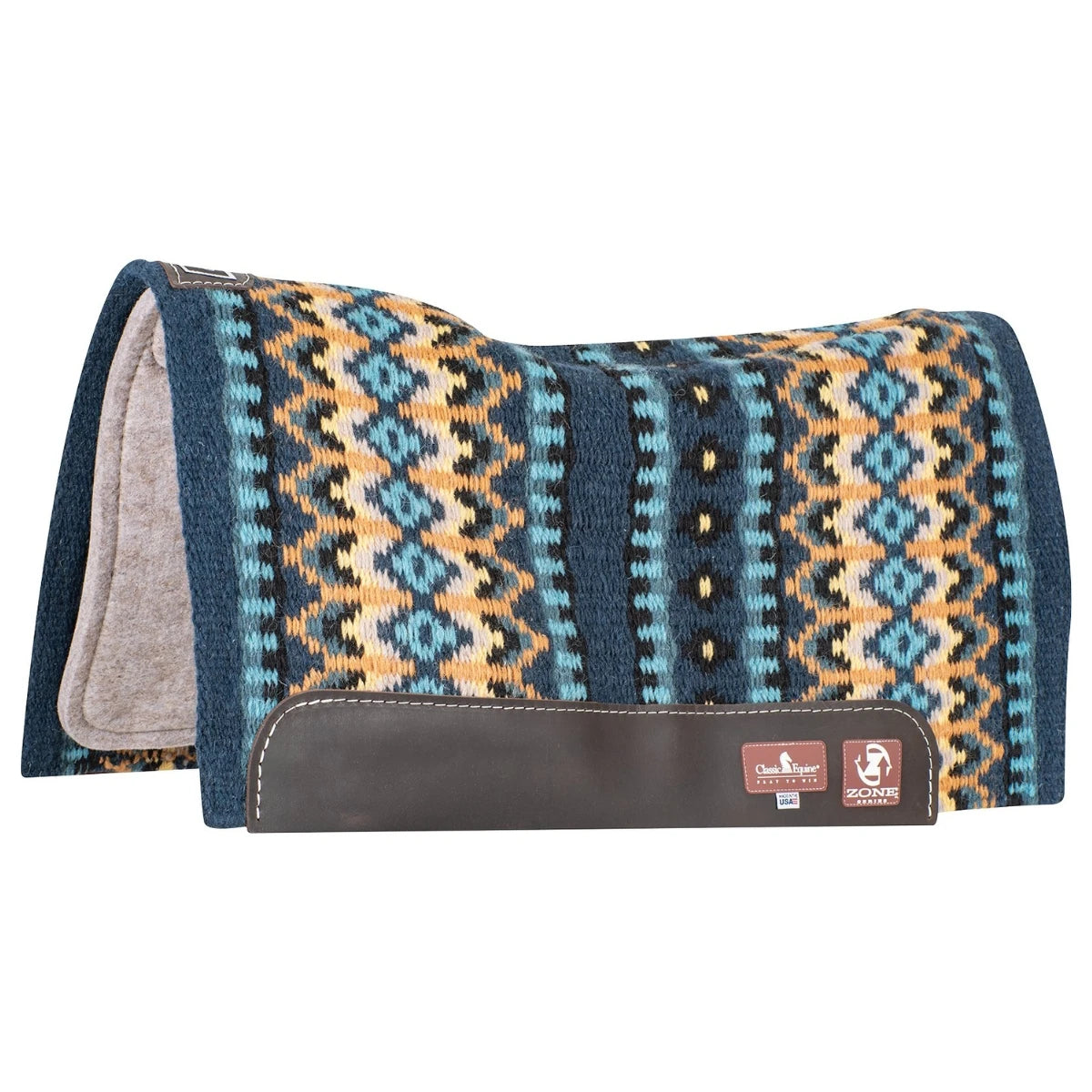 Classic Equine Zone Wool Top Saddle Pad, 32x34x3/4- Navy/Tan