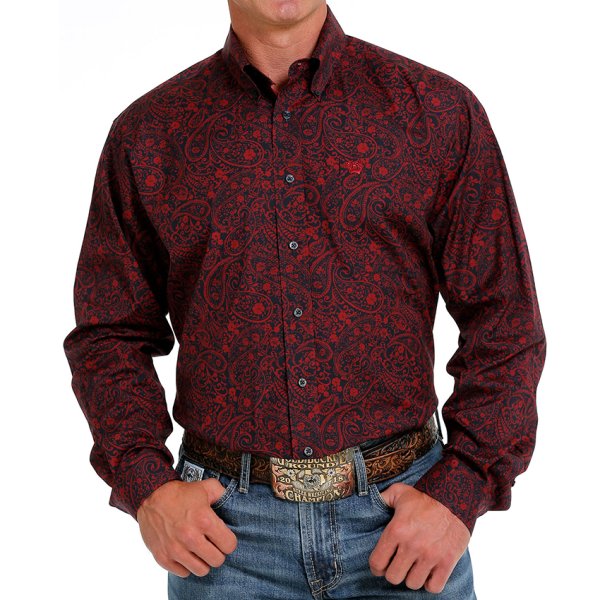 Cinch Men’s Western Shirt Red Paisley Button Down Navy/Red