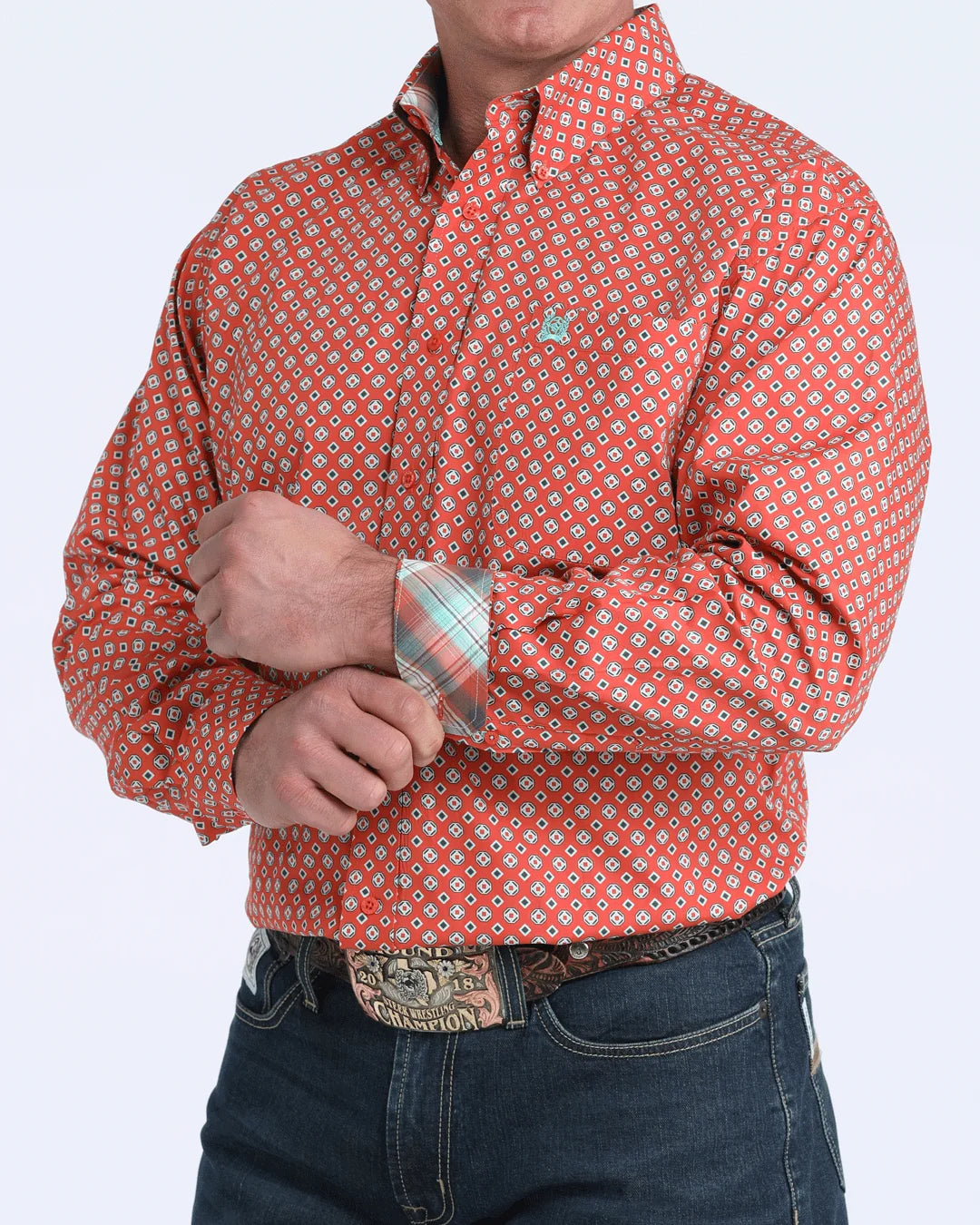 Cinch Men's Long Sleeve Red Geometric Shirt