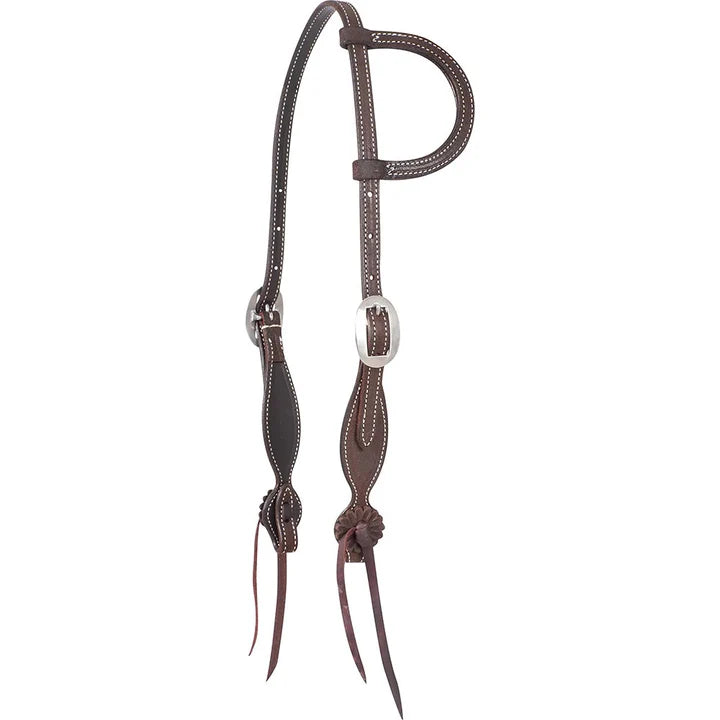 MARTIN SADDLERY CHOCOLATE ROUGHOUT SINGLE EAR HEADSTALL WITH ROSETTE STRINGS